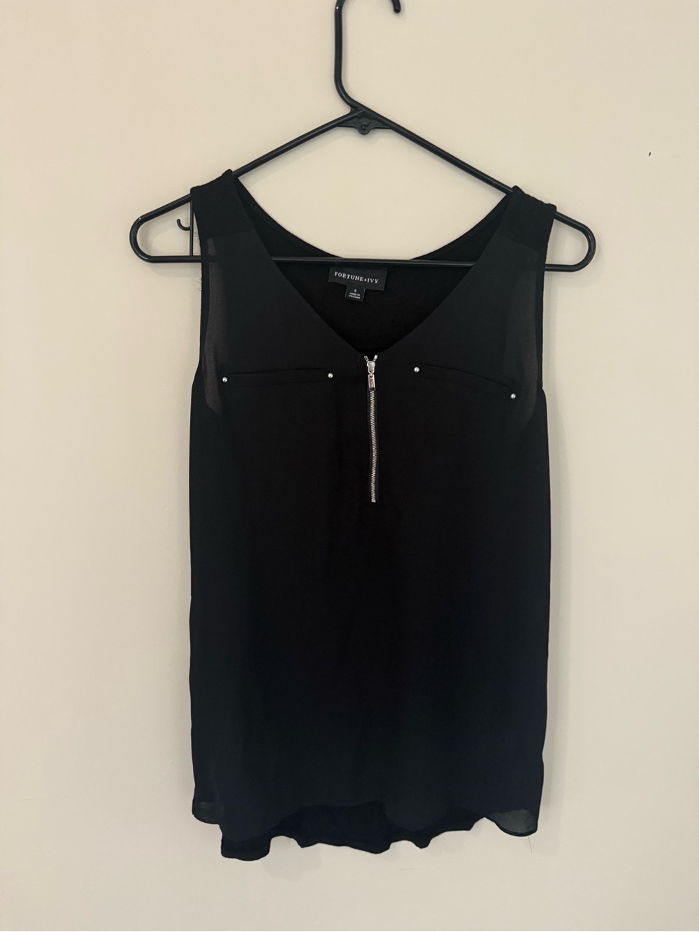 Black Sleeveless Zip Front Blouse